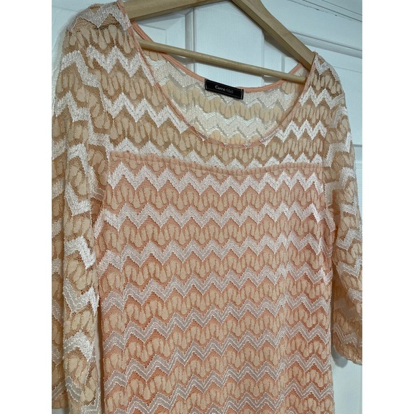 Pastel Coral Lace Shift Sheath Dress Chevron 3/4Sleeve Pink M Girly Carrie Allen - Picture 1 of 9